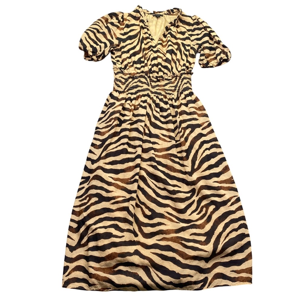 J.Crew Voile Zebra Print Smocked Waist Midi Dress Brown Tan V-Neck BK970 Small